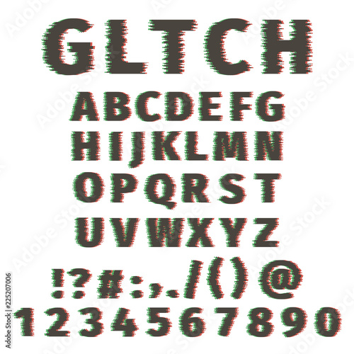 Glitch alphabet distorted font letters and numbers. Vector set with broken pixel effect,old distorted TV matrix effect.