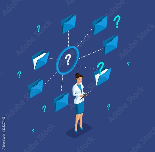 Isometric girl leader, businesswoman, works, search by folders on the tablet, phone, smartphone, generation Y