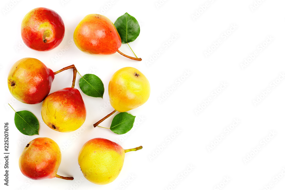 ripe red yellow pear fruits with leaf isolated on white background with copy space for your text. Top view. Flat lay pattern ripe red yellow pear fruits with leaf isolated on white background with copy space for your text. Top view. Flat lay pattern
