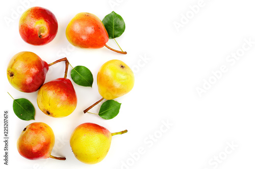 Fototapeta Naklejka Na Ścianę i Meble -  ripe red yellow pear fruits with leaf isolated on white background with copy space for your text. Top view. Flat lay pattern