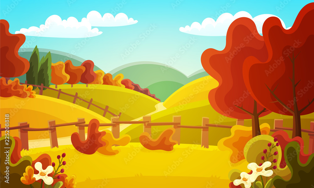 Colorful countryside landscape of fenced fields, bushes and trees. Autumn season with red and orange colors. Vector illustration.