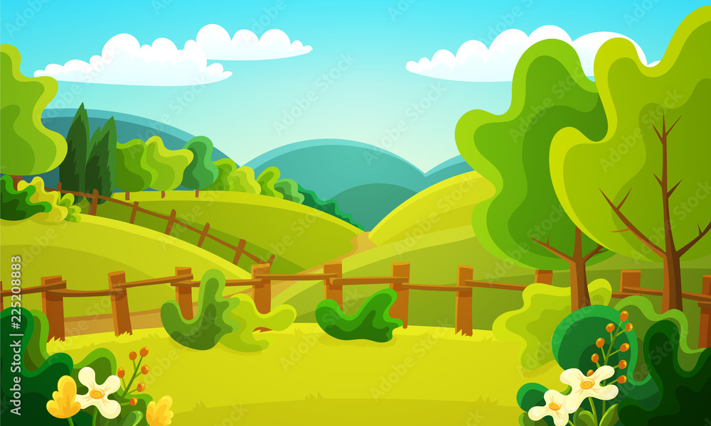 Naklejka premium Colorful countryside landscape of fenced fields, bushes and trees. Summer season with green grass, flowers and blue sky. Vector illustration.