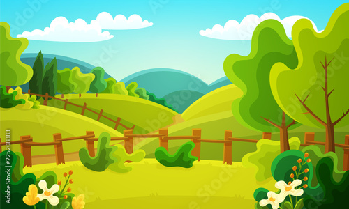 Colorful countryside landscape of fenced fields, bushes and trees. Summer season with green grass, flowers and blue sky. Vector illustration.