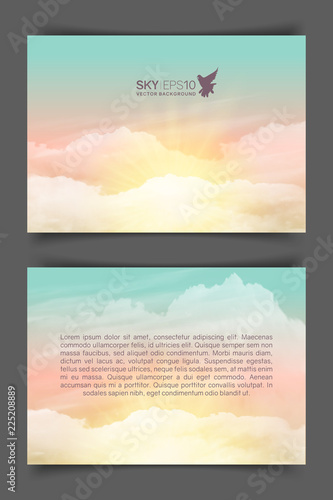 Two-sided horizontal flyer of a4 format with realistic turquoise-yellow sky and cumulus clouds. The image can be used to design a banner, flyer and postcard.