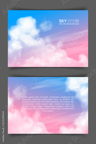 Two-sided horizontal flyer of a4 format with realistic pink-blue sky and clouds. The image can be used to design a banner, poster and postcard.