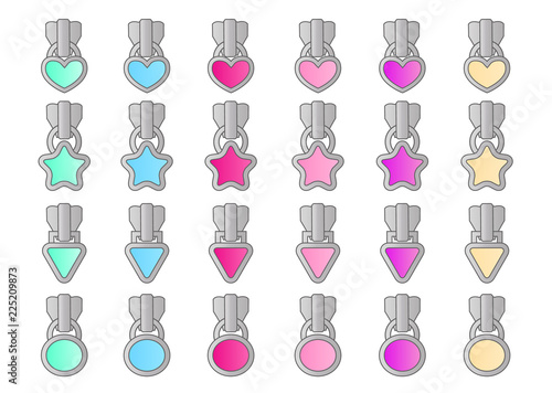 Set of vector cute little locks in light pink, purple, green, blue, yellow colors. Element of design for lol doll surprise themed girls party. Silver metallic zipper star, oval, heart, triangle shaped
