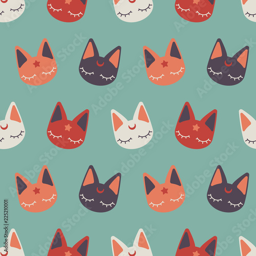 Cute warm colorful kitty pattern on minty background, seamless vector repeat. Trendy vintage colored style. Great for textiles, scrapbooking, packaging design etc. 