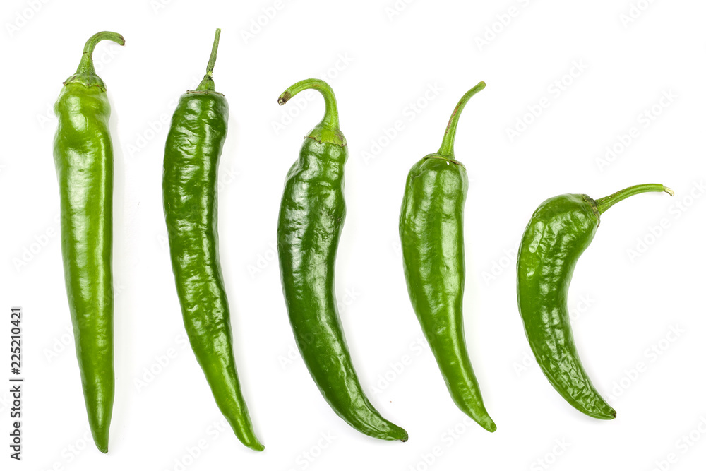 green hot chili peppers isolated on white background. Top view. Flat lay pattern. Set or collection green hot chili peppers isolated on white background. Top view. Flat lay pattern. Set or collection
