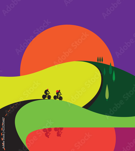 Huge sun goes down behind the hills. Two men ride bicycles on road. Their silhouettes reflect in water. Bright colorful design.