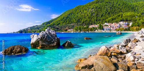Best of Skopelos island - picturesque village Neo Klima and Hovolos beach. Sporades, Greece
