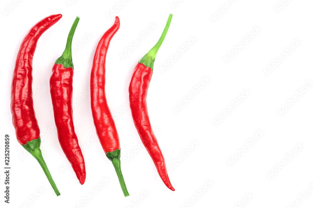 red hot chili peppers isolated on white background with copy space for your text. Top view. Flat lay pattern