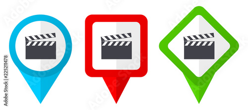 Video red, blue and green vector pointers icons. Set of colorful location markers isolated on white background easy to edit.