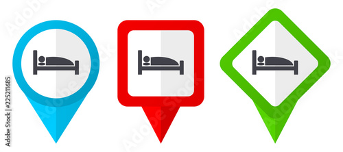 Hotel red, blue and green vector pointers icons. Set of colorful location markers isolated on white background easy to edit.