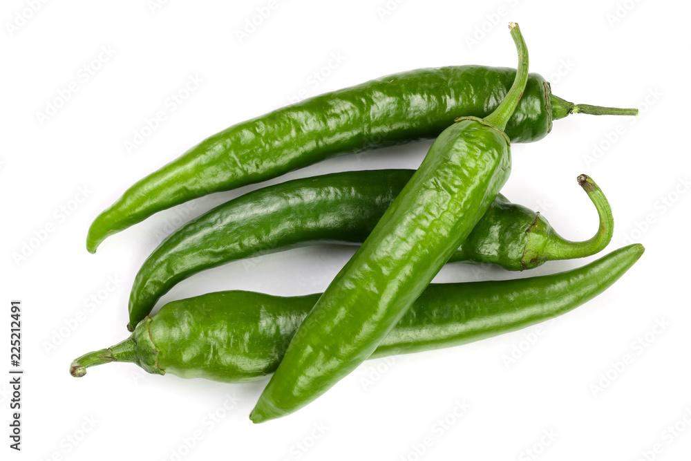 green hot chili peppers isolated on white background. Top view. Flat lay pattern green hot chili peppers isolated on white background. Top view. Flat lay pattern