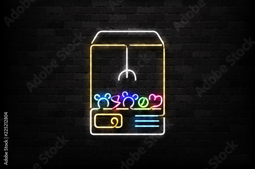 Vector realistic isolated neon sign of Claw Crane logo for decoration and covering on the wall background. Concept of toy machine.