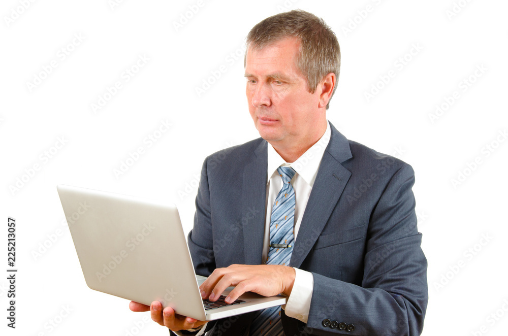 Software manager in suite with laptop in hands isolated on white background Software manager in suite with laptop in hands isolated on white background