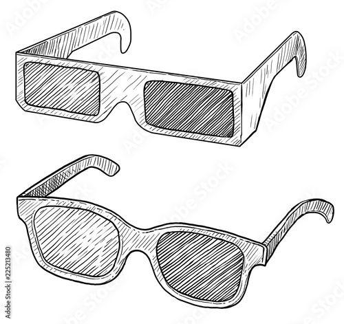3D glasses illustration, drawing, engraving, ink, line art, vector