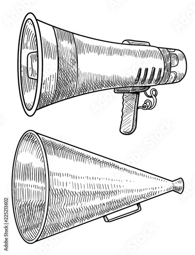Megaphone illustration, drawing, engraving, ink, line art, vector