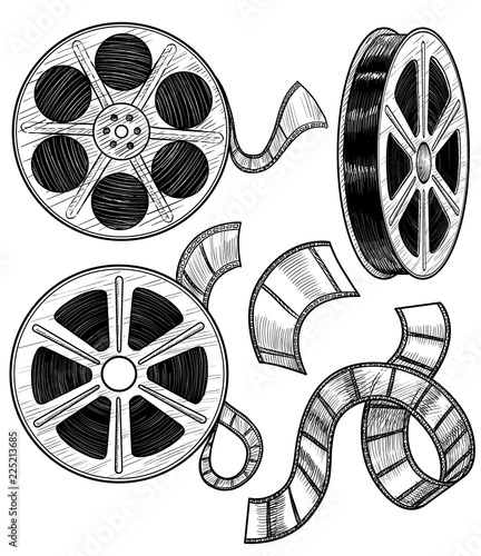 Film reel illustration, drawing, engraving, ink, line art, vector