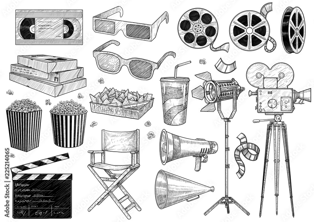 Fototapeta premium Cinema, movie, collection illustration, drawing, engraving, ink, line art, vector