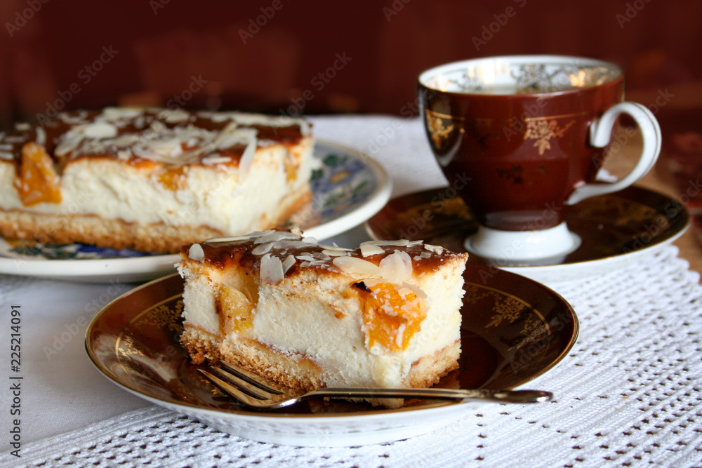Cup of coffee and cake with peaches Cup of coffee and cake with peaches