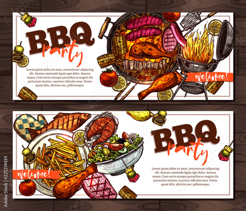 Bbq And Grill Horizontal Banners With Barbecue Party Invitation