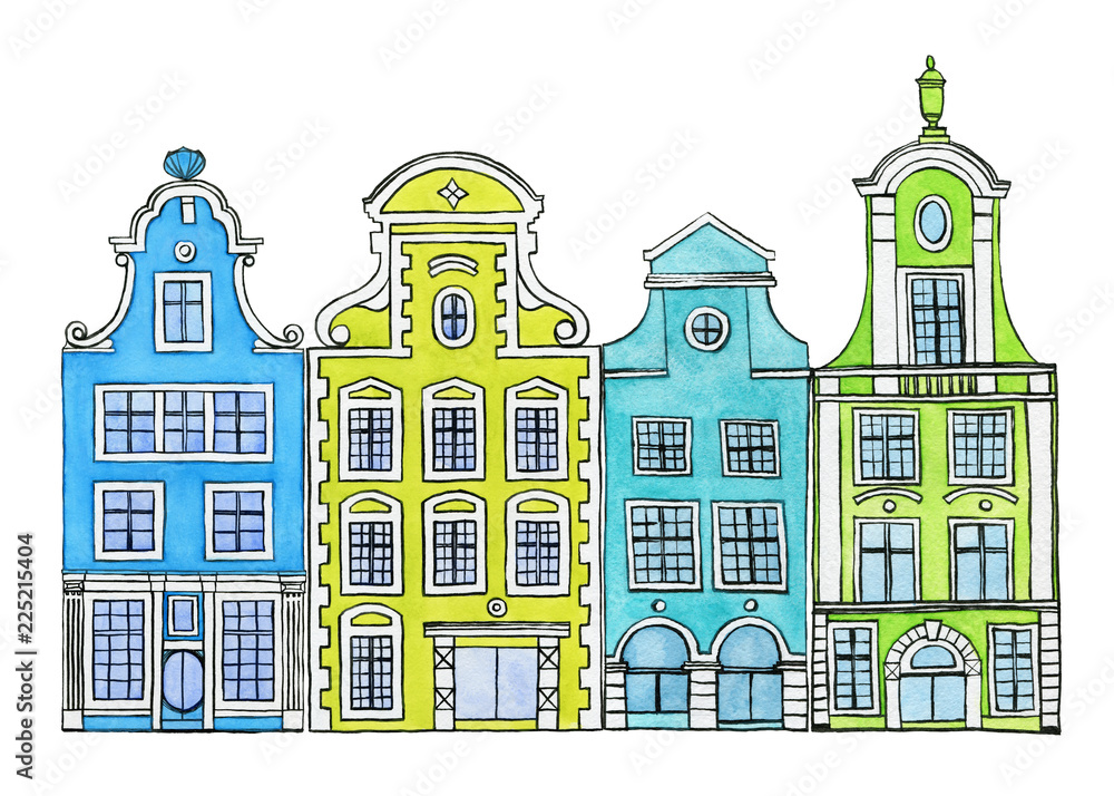 Set old historic buildings in european city. Traditional architecture of Netherlands. Watercolor hand drawn painting illustration isolated on a white background.