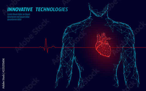 Man silhouette healthy heart beats 3d medicine model low poly. Triangle connected dots glow point red background. Pulse internal body modern innovative technology render vector illustration