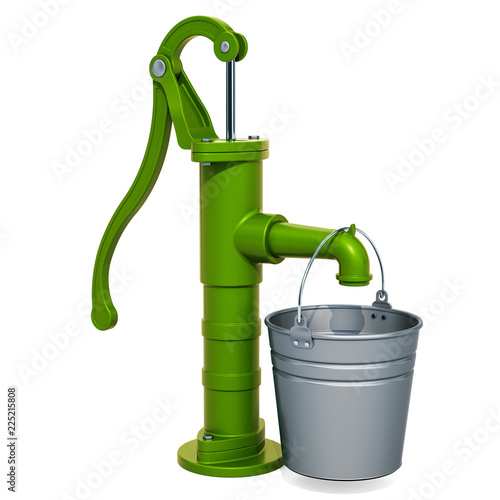 Obraz na płótnie Hand water pump with galvanized bucket. 3D rendering