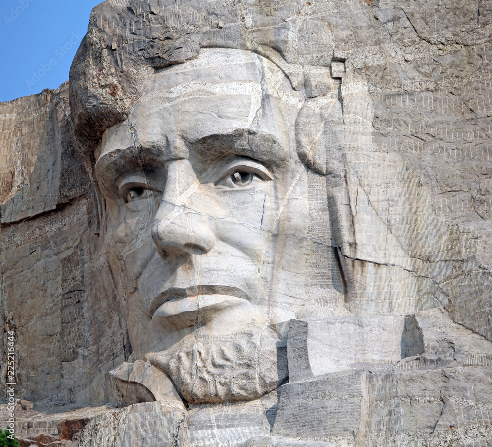 detail of the iconic carving of president Abraham Lincoln, Mount Rushmore, Black Hills, South Dakota