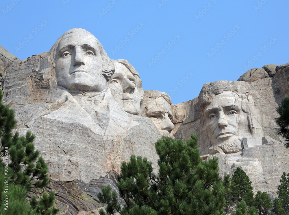 detail of the iconic carvings of presidents Washington, Jefferson, Roosevelt and Lincoln, Mount Rushmore, Black Hills, South Dakota detail of the iconic carvings of presidents Washington, Jefferson, Roosevelt and Lincoln, Mount Rushmore, Black Hills, South Dakota