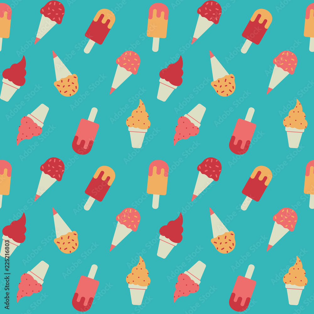 Fresh and radiant popsicles and ice cream in the waffle pattern on turquoise background. Seamless graphic repeat design. Fresh and radiant popsicles and ice cream in the waffle pattern on turquoise background. Seamless graphic repeat design.