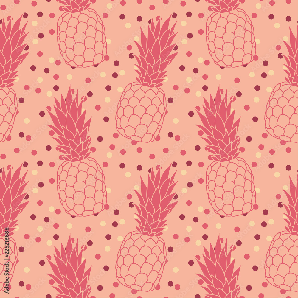 Sweet seamless pineapple repeat pattern with polka dots on pastel background. Perfect for surfaces or wrapping paper. Sweet seamless pineapple repeat pattern with polka dots on pastel background. Perfect for surfaces or wrapping paper.