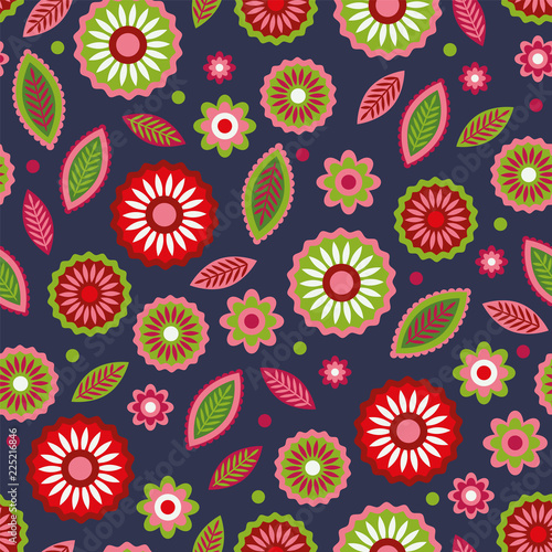 Lovely abstract colorful flower, leaf and dots vector pattern, seamless repeat on dark blue background. Great for apparel design and other fabrics, wallpapers, gift wrapping, scrapbooking etc.