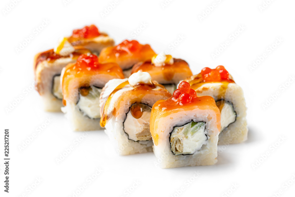 Closeup set of philadelphia sushi rolls decorated with caviar isolated at white background. Closeup set of philadelphia sushi rolls decorated with caviar isolated at white background.
