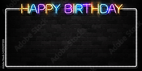 Vector realistic isolated neon sign of Happy Birthday frame logo for decoration and covering on the wall background. Concept of invitation and celebration.