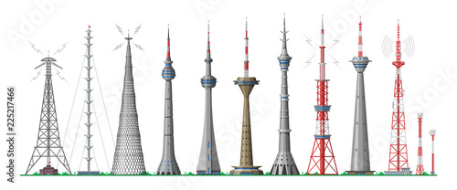 Tower vector global skyline towered antenna construction in city and skyscraper building with network communication illustration cityscape set of towering architecture isolated on white background