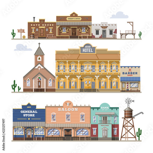 Saloon vector wild west building and western cowboys house or bar in street illustration wildly set of country landscape with architecture hotel store isolated on white background