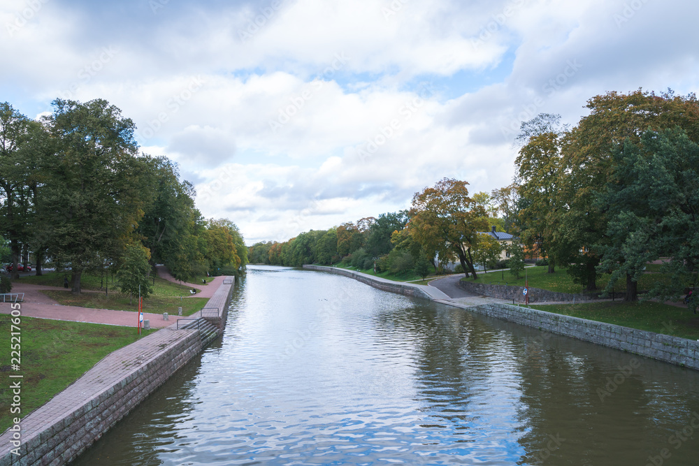 September river side view to the aurajoki river, Turku Finland.