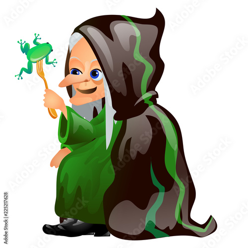 Old gray-haired witch in a black cloak eats with a fork frog isolated on white background. Sketch for a poster or card for holiday of all evil spirits Halloween. Vector cartoon close-up illustration.
