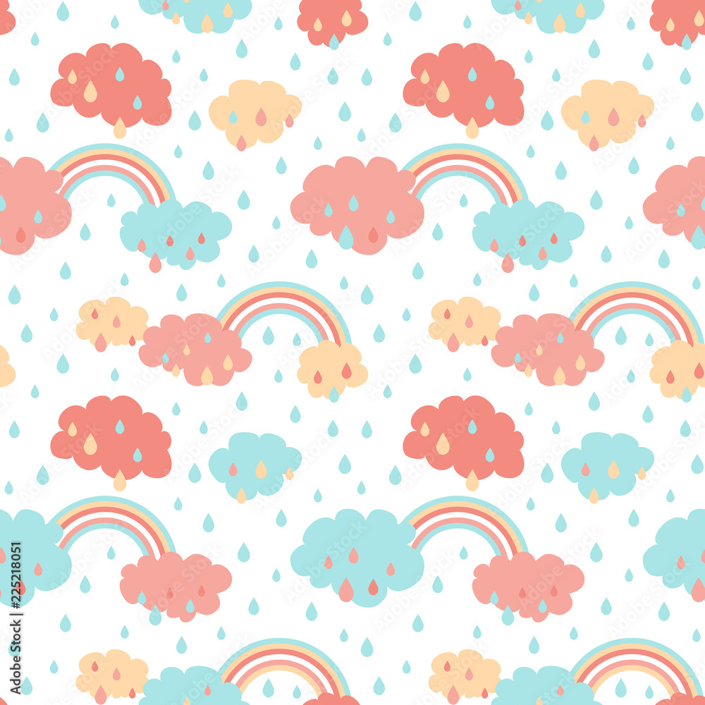 Happy colorful doodle rainbows with clouds & raindrops elements. Perfect for baby accesoires. Seamless repeat pattern, pastel color palette, low contrast. Happy colorful doodle rainbows with clouds & raindrops elements. Perfect for baby accesoires. Seamless repeat pattern, pastel color palette, low contrast.