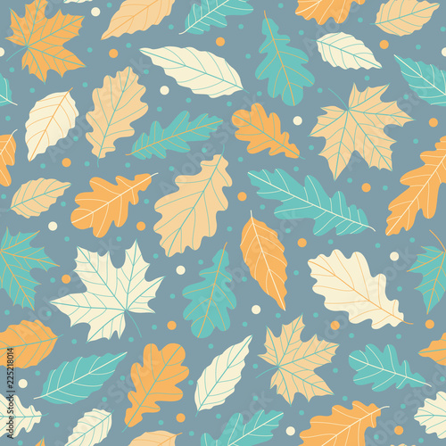 Fresh and lovely autumn leaves pattern, seamless repeat in soft pastel colors. Trendy hand drawn style.