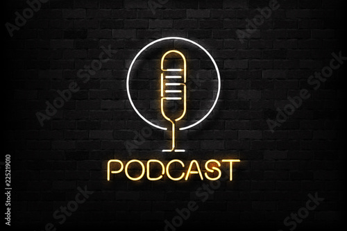 Vector realistic isolated neon sign of Podcast logo with a microphone for decoration and covering on the wall background. Concept of radio, broadcasting and dj.