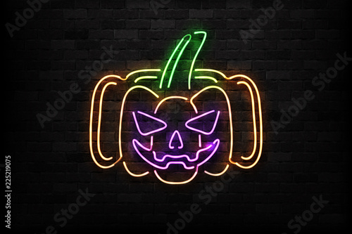 Vector realistic isolated neon sign of Pumpkin logo for decoration and covering on the wall background. Concept of Happy Halloween.
