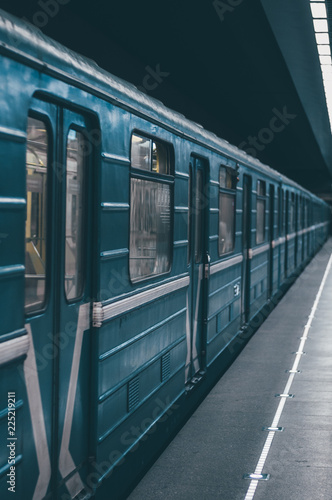 Blue moscow metro. Railway transportation. Subway platform