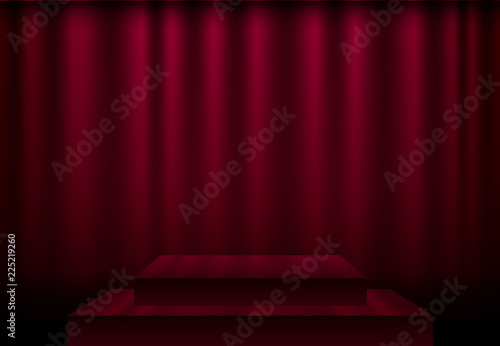 Vector red curtain stage scene with spotlights and reflect floor podium