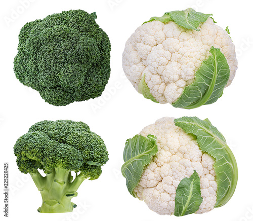 Fresh broccoli and cauliflower isolated on white background with clipping path