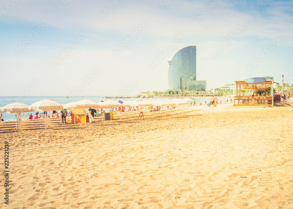 Mediterranean sea and Barcelonetta beach at summer, Barcelona, toned Mediterranean sea and Barcelonetta beach at summer, Barcelona, toned
