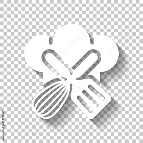 Chef hat and tools. Kitchen logo, simple icon. White icon with s