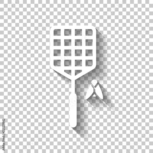Fly swatter and insect. Simple icon. White icon with shadow on t